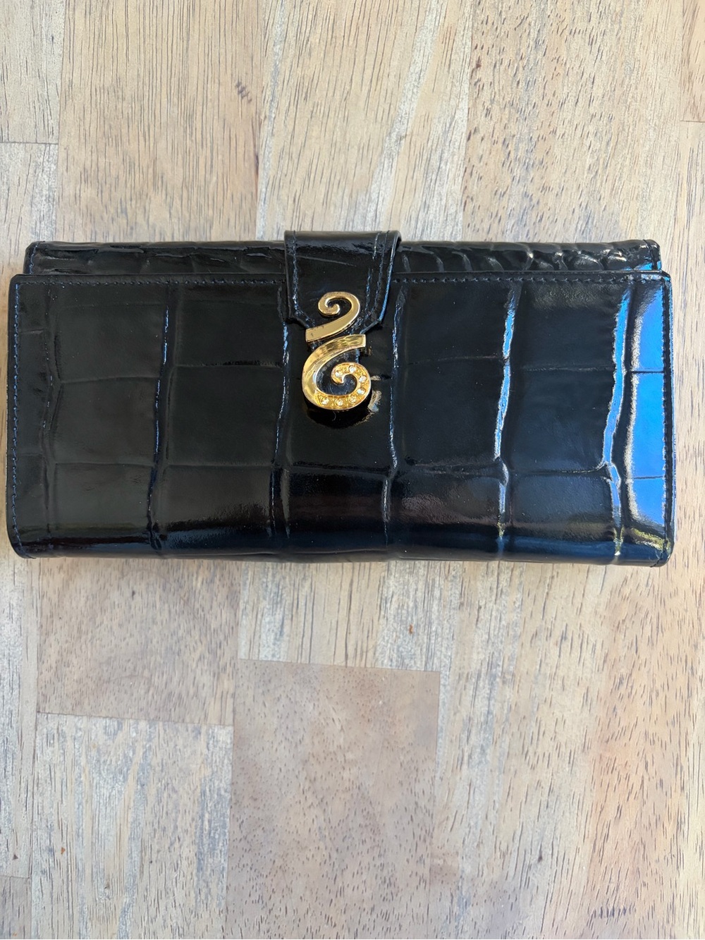 Black Croc-Embossed Genuine Leather Wallet with Gold Accent